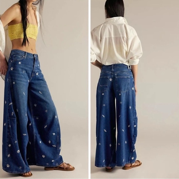 Free People Denim - Free People Westward Denim Barrel Baggy Embroidered Jeans Shells Sea Seashell 31